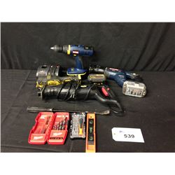 BAG OF ASSORTED HAND TOOLS AND POWER TOOLS INCLUDING RYOBI DRILL, RYOBI SAWZALL, AND MORE