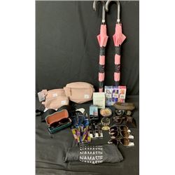 BAG OF ASSORTED MAKE UP, TRAVEL CASES, UMBRELLAS, HAIR DYE AND MORE