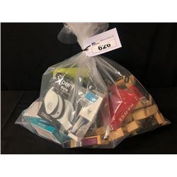 BAG OF ASSORTED EARBUDS, HEADPHONES, RC HELICOPTER & MORE