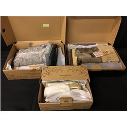 MANITOBAH MUKLUKS METIS TALL SUEDE SIZE 7, VENTURE SUEDE SIZE 6 & ASSINIBOINE SHEEPSKIN MOCCASINS