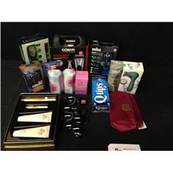 BAG OF BEARD GROOMING TOOLS, SILK'N FACIAL BRUSH, PERFUME, HAIRCARE, SUNGLASSES AND MORE