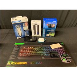 BAG OF ASSORTED ELECTRONICS, GAMING KEYBOARD, SMART ROPE, DASH CAMERA AND GPS