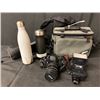 Image 1 : NIKON F3 35MM CAMERA WITH FLASH BAG, TRIPOD AND 2 SWELL BOTTLES