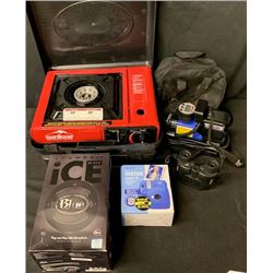 2 CAMP STOVES, ONE TIRE PUMP, BINOCULARS, FUJIFILM INSTANT CAMERA AND USB MICROPHONE