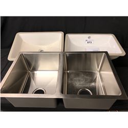 STAINLESS STEEL DOUBLE KITCHEN SINK AND 2 CERAMIC UNDER COUNTER BATHROOM SINKS