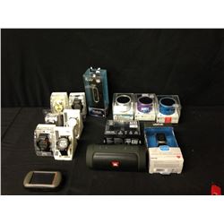 BAG OF BLUETOOTH SPEAKERS, BLUE PISTON, JLB AND ALTECH, LIFETRAK FITNESS TRACKER, GARMIN GPS, AND