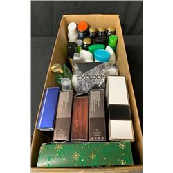 BOX OF ASSORTED PERFUMES, SHAMPOOS, BODY WASH, SHAVE GEL AND MORE