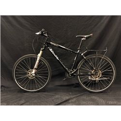 BLACK BRODIE 27 SPEED HYBRID MOUNTAIN BIKE WITH FRONT AND REAR HYDRAULIC DISK BRAKES, MISSING PEDALS