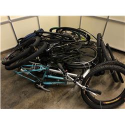 LOT OF ASSORTED BIKE PARTS INC. WHEELS, FRAMES AND FORKS