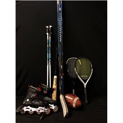LOT OF SPORTS EQUIPMENT INC. 3 HOCKEY STICKS (LEFT HANDED), BABOLAT TENNIS RACKET MATRIX SQUASH