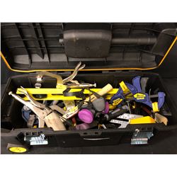 DEWALT TOOLBOX WITH ASSORTED TOOLS INC. QUICK GRIP CLAMPS, VICE GRIPS, LEVELS, SQUARES, FILES AND