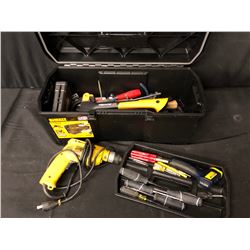 DEWALT TOOLBOX WITH ASSORTED TOOLS INC. 3/8" DRILL, SCREWDRIVERS, BITS, WRENCHES AND MORE