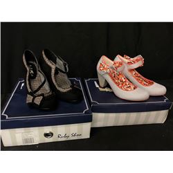 PAIR OF FLORAL, AND PAIR OF BLACK RUDY SHOO HEELS, BOTH SIZE 36