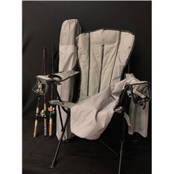 PAIR OF FOLDING CHAIRS AND 3 FISHING RODS