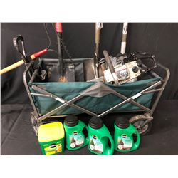 LOT OF GARDENING TOOLS INC. SHOVELS, RAKE, PLANT FOOD, CHAINSAW AND FOLDING WAGON