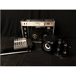 A/V EQUIPMENT INC. 6 CHANNEL MIXER, SYLVANIA SPEAKERS AND SUB, TAPE PLAYER AND MORE