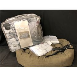 LARGE DOG BED, QUEEN SIZE 300 THREAD COUNT COMFORTER SET, AND SHEETS (2 PIECES)