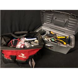 TOOL BOX AND BAG WITH CONTENTS INC. HAND TOOLS, METERS, DREMEL TOOL AND MORE (2 PIECES)
