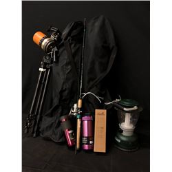 OUTDOOR GEAR INC. 2 FOLDING CHAIRS, LANTERN, WATER BOTTLES, TELESCOPE AND FISHING ROD