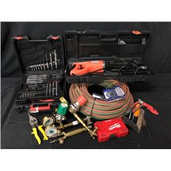 TOOLS INC. OXYACETYLENE HOSE AND REGULATORS/GAUGES, DRILL WITH DRILL BITS IN CASE, GRINDING WHEELS
