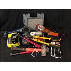 HOLE SAW BITS, 2 GRINDERS, RYOBI BATTERY CHARGER, BOLT CUTTERS, SOLAR POWERED RADIO AND MORE