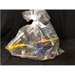 LARGE BAG OF ASSORTED HAND TOOLS INC. BOLT CUTTERS, SAWS, PRY BARS AND MORE