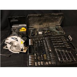 LOT OF TOOLS INC. MAKITA RECIPROCATING SAW, DEWALT PALM SANDER, CIRCULAR SAW, AND SOCKET/WRENCH SET