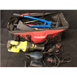 HUSKY TOOL BAG WITH ASSORTED TOOLS INC. ELECTRIC SANDER, RYOBI RECIPROCATING SAW, BOLT CUTTERS,