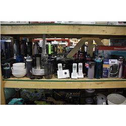 LARGE SHELF LOT INCLUDING DISHWARE, WATER BOTTLES, CORDLESS PHONES, LED LIGHTS, COMPOST BIN, COTTON