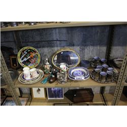 SHELF INCLUDING TEA SET, CHINAWARE, FIGURES, MIRROR, AND MORE