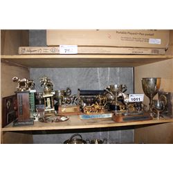 SHELF OF HORSE RIDING TROPHIES INCLUDING STERLING SILVER TROPHY DATED 1878