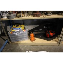 SHELF INCLUDING CHAINSAW, LIFT, HARDWARE ORGANIZER, AND 880 WATT PORTABLE GENERATOR