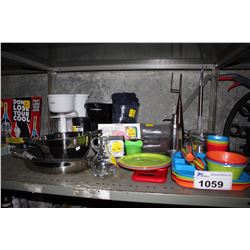 SHELF INCLUDING CHILD'S DISHWARE SET, STRAINER, PANS, BLINDS, COFFEE MAKERS, AND MORE