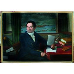 19th Century Primitive A MERCHANT AT HIS WRITING DESK  WITH A VIEW OF A HARBOUR AT MALTA, Oil on can