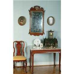 Early George III Mahogany Framed Wall Mirror  the bevelled plate surmounted by a carved and pierced 