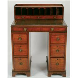 George III Mahogany Small Desk  the writing surface inset with tooled green leather and surmounted b