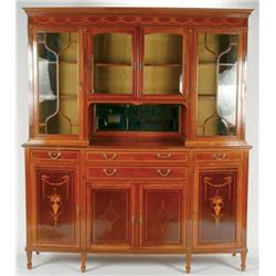 Large Edwardian Inlaid Cabinet  the upper section fitted four glazed doors around an open well, the 
