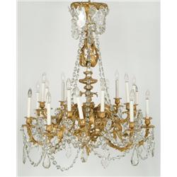 Eighteen Branch Gilt Metal Framed Chandelier  in the 18th Century manner, the arms in two rows and w