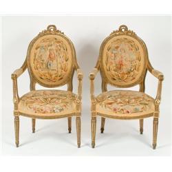 Pair of Antique Tapestry Upholstered Gilt Painted Armchairs in the Louis XVI manner, cameo back and 