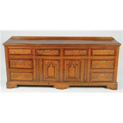 18th Century Crossbanded Oak Dresser Base rectangular top with raised splash and moulded edge, eight