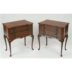 Pair of Crossbanded Walnut Two Drawer Side Tables in the early 18th Century manner, on slender carve