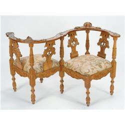 Late 19th Century Italian Walnut Tete-A-Tete foliate carved back, floral brocade upholstered seat ra