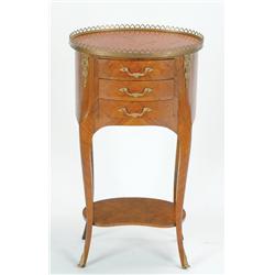 Louis XV Style Parquetry Inlaid Side Table brass gallery oval top, three short drawers raised on cur