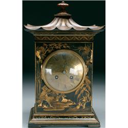 Chinoiserie Lacquer Cased Mantel Clock the movement fronted by a brass dial, contained in a rectangu