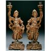 Image 1 : Pair of Italian Giltwood Figural Candlesticks each figure with arm raised supporting a scrolling fol