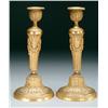 Image 1 : Pair of French Gilt Brass Candlesticks moulded with bands of flutes and leaves and bead borders and 