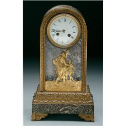 French Gilt Bronze and Marble Cased Mantel Clock the movement fronted by a white enamel dial, contai