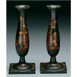 Pair of English Chinoiserie Toleware Candlesticks painted in gilt with exotic birds perched on flowe