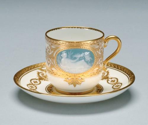 Minton Pate-sur-Pate Cup and Saucer by Alboin Birks, signed, with