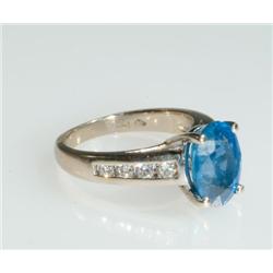 14k White Gold Ring set with an oval cut sapphire (approx. 3.20ct.) flanked by 8 channel set brillia